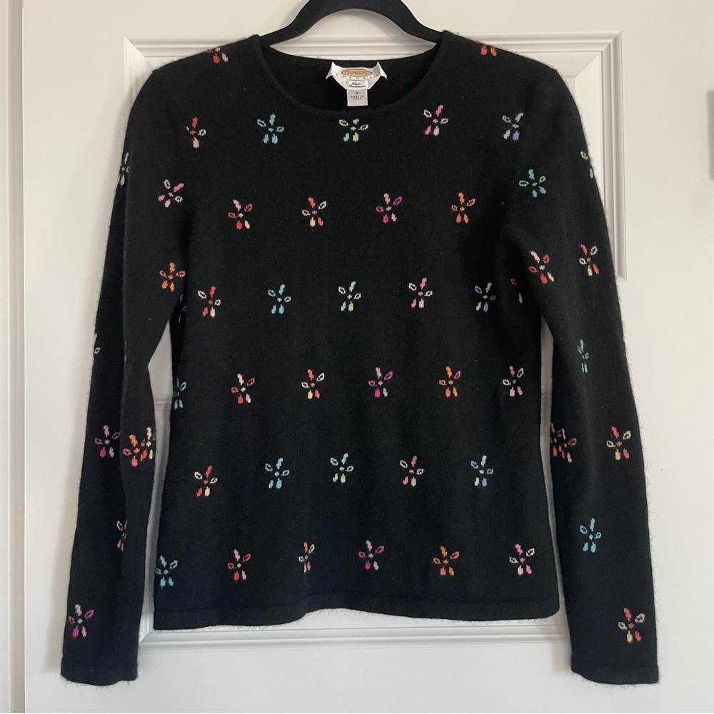 Talbots 100% Cashmere Black Sweater with Colorful Floral Accents
